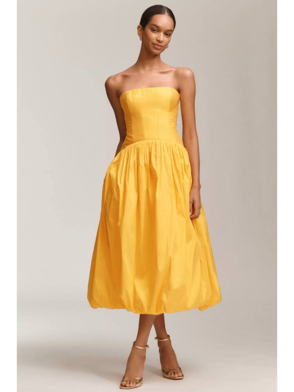 NWT BHLDN Anthropologie Butter Yellow Strapless Drop Waist Bubble Midi Dress